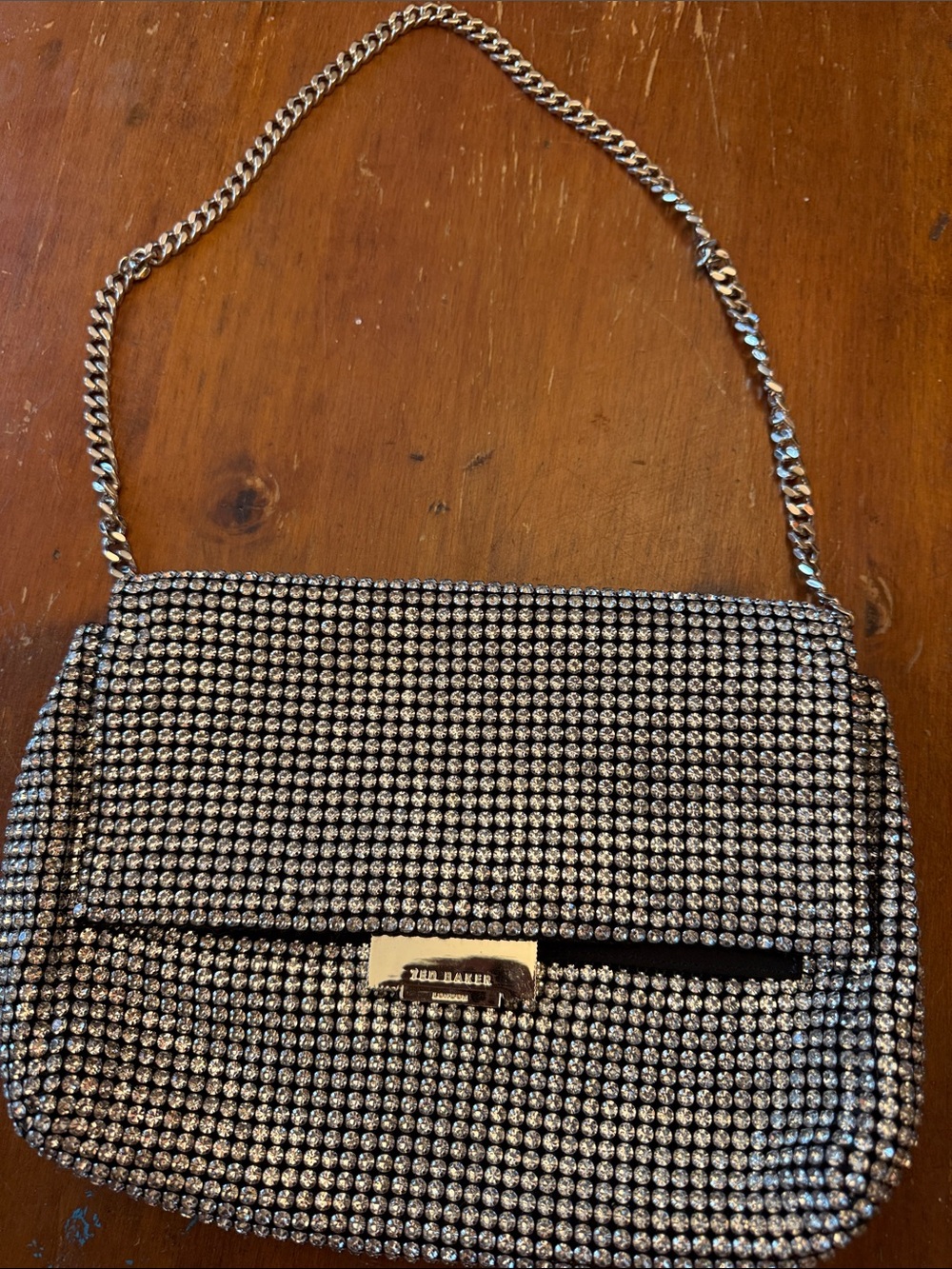 Ted Baker Silver Crystal-Embellished Crossbody Bag with Chain Strap